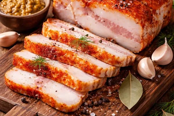 Домашня м’ясна закуска з вареного сала з паприкою та часником